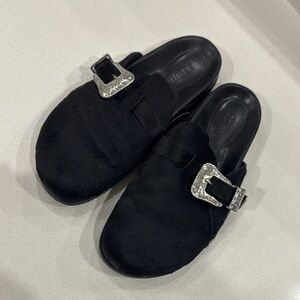 SCHUTZ grace leather flat Black and Silver Mules with Sleek Buckle Design